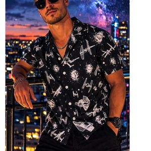 Star Wars Inspired Space Ship Print Button Shirt Galaxy Sci-Fi Camp Shirt M